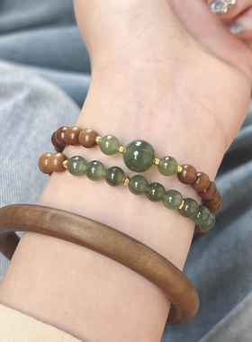 天然精品檀木圆珠单圈手链搭配和田玉手串男女绕指柔小众设计
