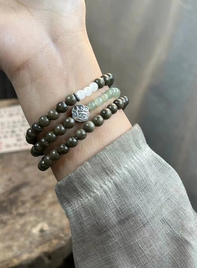 原创设计新中式天然金丝楠木和田玉三圈手链女小众国风925银叠戴