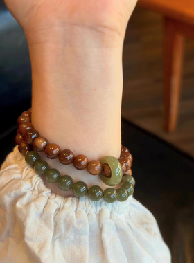 天然新疆和田玉碧玉双圈手链晴水苹果绿跑环念珠文玩6mm手串