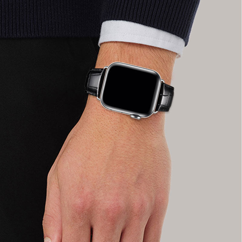 fxi黑色苹果手表表带真皮鳄鱼纹 fxi智能手表手环表带/腕带