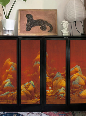 中古风家具柜子翻新贴纸自粘鞋柜装饰贴画大衣柜壁纸墙贴千里江山