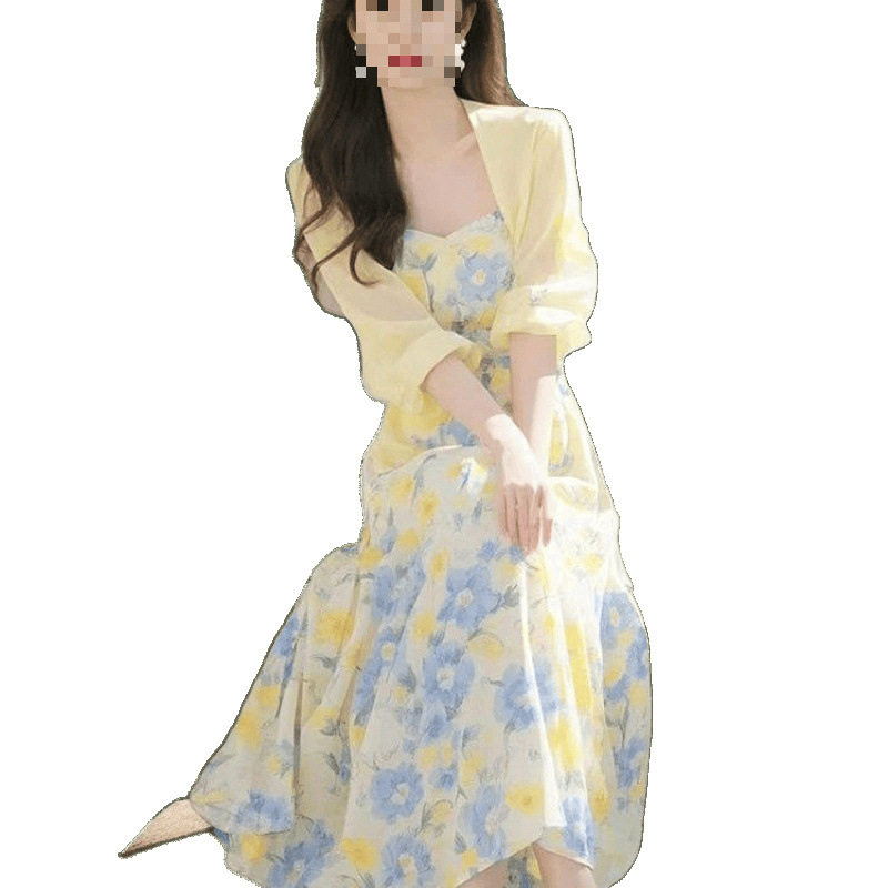 碎花雪纺连衣裙女2026夏修身显瘦减龄海边渡假开衫吊带裙子两件套