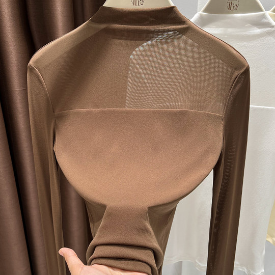性感独特上衣欧货蕾丝网纱长袖t恤女早秋薄款微透半高领内搭修身