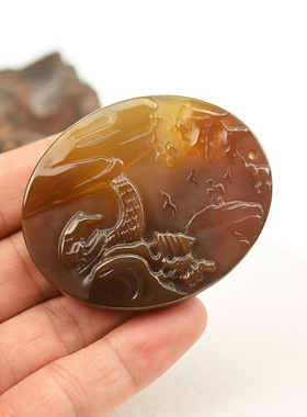 玛瑙山水吊坠轻舟已过万重山圆牌