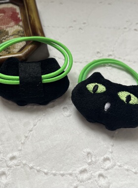 外贸绿眼睛刺绣黑色小猫咪可爱毛绒卡通发圈一对发绳头绳皮筋发饰