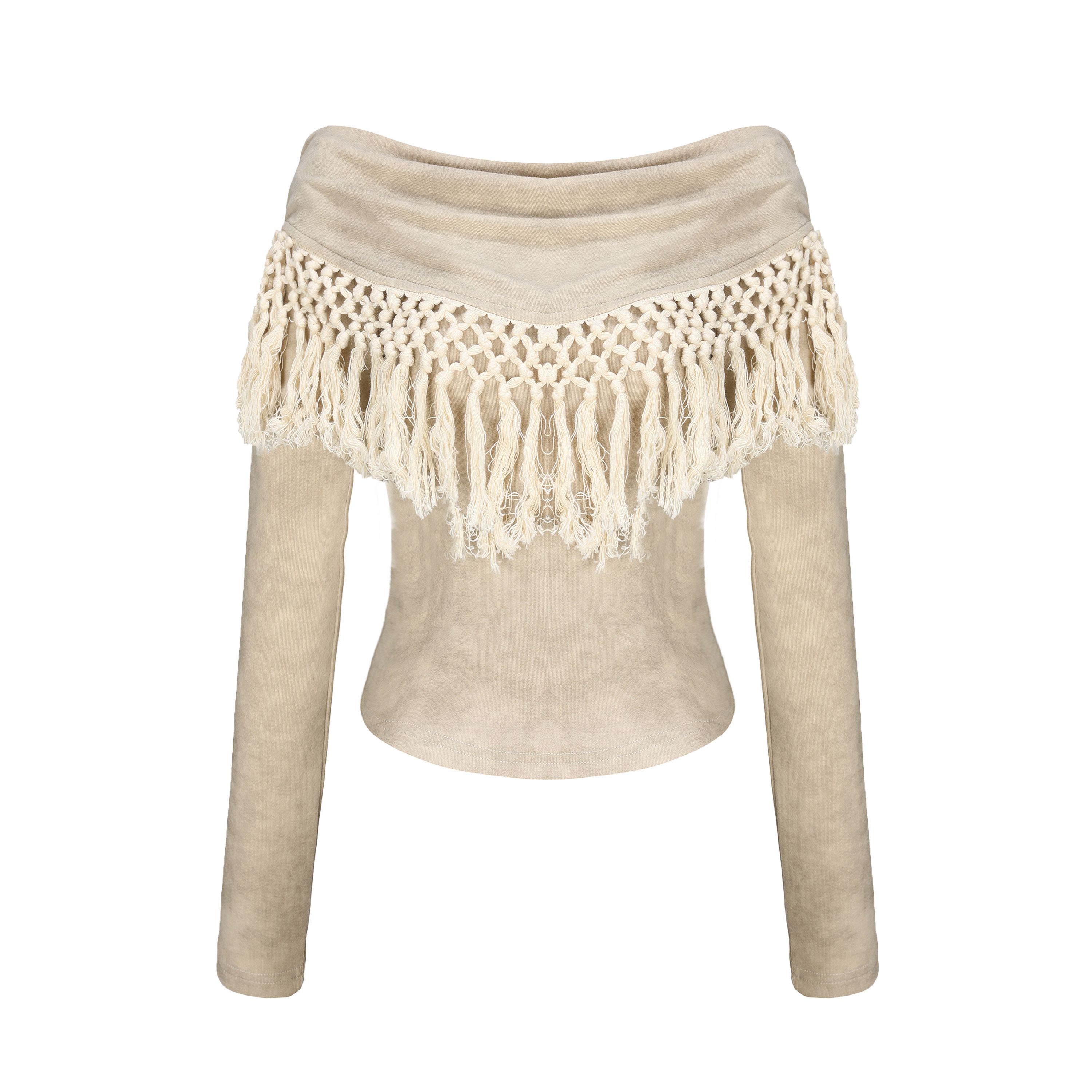 波西米亚波嬉风流苏露肩针织衫女一字肩斜肩翻领修身春夏秋上衣,淘宝优惠券,粉丝福利购,淘宝优惠卷