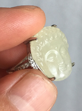 3.85克老年份和田玉白玉资料佛头镶嵌戒指珠宝玉石文玩艺术收藏