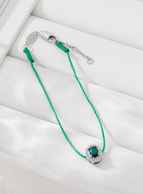 2024年新款复古祖母绿手绳春夏精工绿宝石编织绳手链围镶椭圆钻