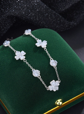 帝丰s999纯银冰屿四叶草手链女新中式气质手环幸运草蓝色碎冰手饰