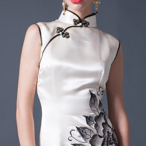 品尚华服真丝名媛白优雅绣花修身女短款礼服旗袍裙刺绣旗袍连衣裙 - 图0