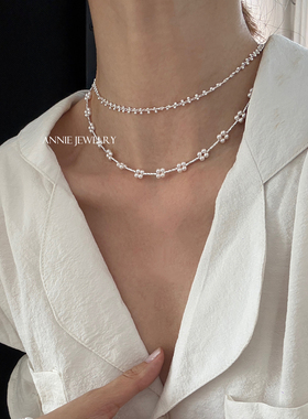 Annie Jewelry小众设计简约时尚 闪亮满天星珍珠花花管管拼接项链