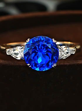 S925银培育蓝宝石戒指圆形三石款水滴钻配镶轻奢气质日常通勤指环