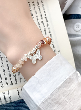 原创蝴蝶水晶手串夏季多巴胺新款碎银几两串珠手链女925纯银ins风