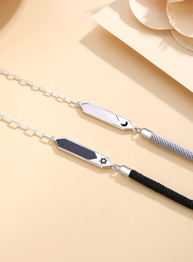 原创设计日月情侣手链纯银925夏季简约几何小众珐琅编织手绳饰品