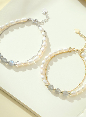 原创月光石珍珠手链925女纯银网红新中式ins小香风手串级感手饰