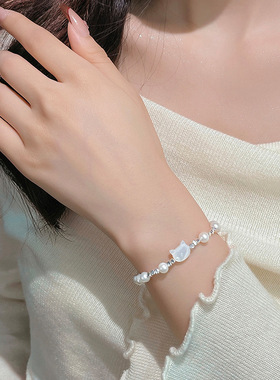 925纯银猫咪珍珠手链女韩版ins风可爱简约碎银几两手串白贝母手饰