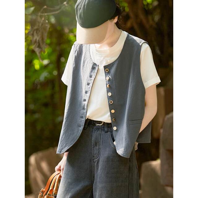 Gujia literary round neck cotton and linen casual vest buttoned stacked sleeveless jacket for women 2026 spring new style