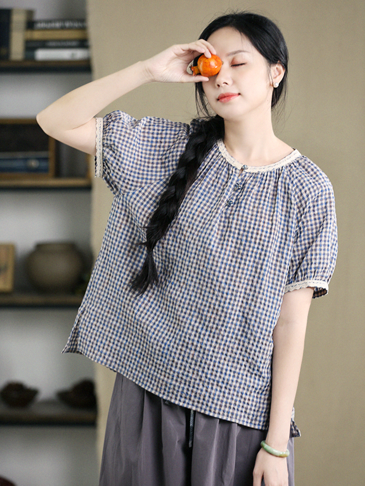 谷家 原创棉麻风格肌理格纹短袖衬衫女 小众文艺休闲宽松T恤上衣 - 图2