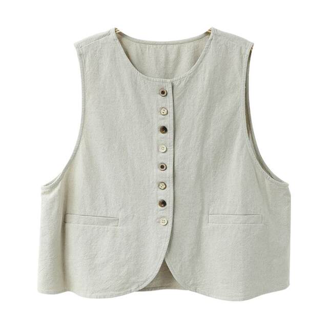 Gujia literary round neck cotton and linen casual vest buttoned stacked sleeveless jacket for women 2026 spring new style