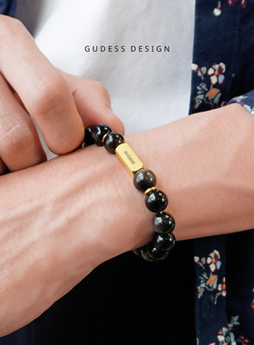 GUDESS原创手作金银满屋银曜石手串S925银隔片刻字情侣款时尚手链