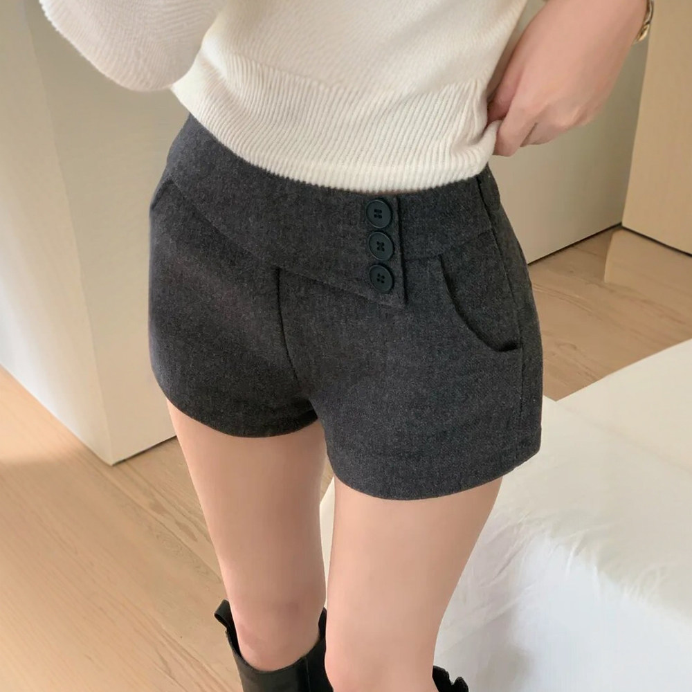 灰色毛呢短裤女冬季2025新款显瘦韩版中高腰紧身包臀呢子直筒靴裤,淘宝优惠券,粉丝福利购,淘宝优惠卷