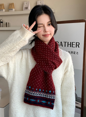 复古费尔岛提花羊毛混纺围巾女