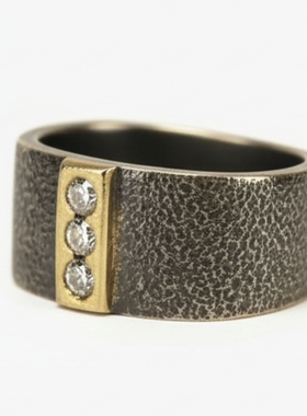 challan原创设计小众高级感男士戒指 纯银做旧组合黄铜镶嵌钻戒指