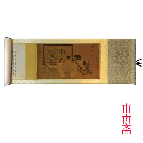 周文矩重屏会棋图 1:1复原手工绫装裱人物花鸟中国画挂画临摹绢卷 - 图3