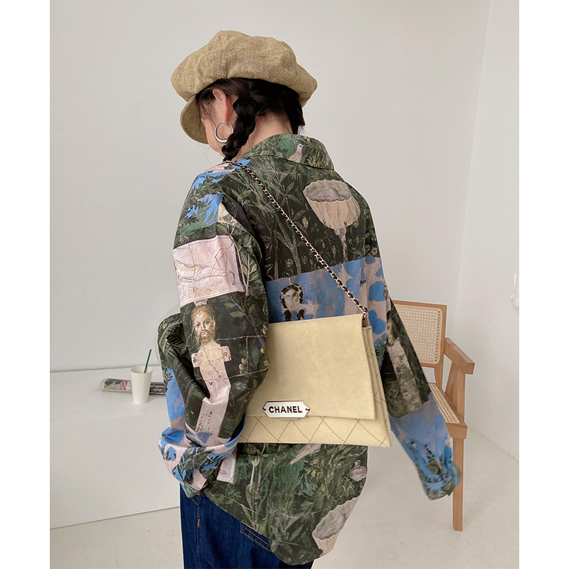 谭烟米 自制艺术生坎普风格 春秋长袖中性港风宽松印花衬衫上衣 - 图2