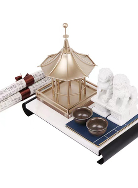 新中式凉亭狮子托盘套装组合摆件家居软装饰品样板间茶室书房摆设