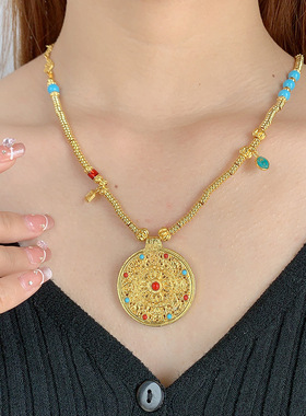 金店同款镶嵌八宝罗盘吊坠 镂空铜镀金古法中式女款首饰吊牌