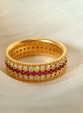 沙金老铺同款红宝石戒指女黄金色三排鸽血钻食指环复古感送礼