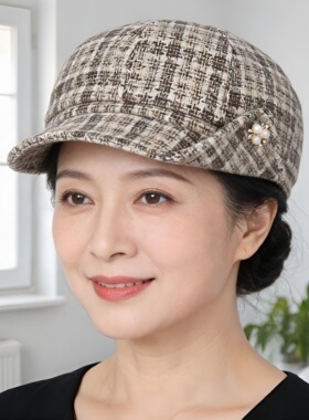中老年妈妈春秋复古格子前进帽