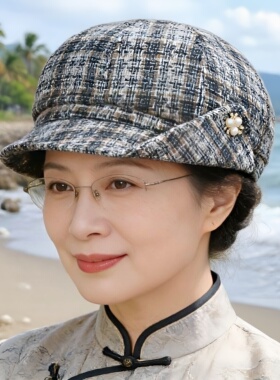 秋冬保暖灰格短檐妈妈鸭舌帽