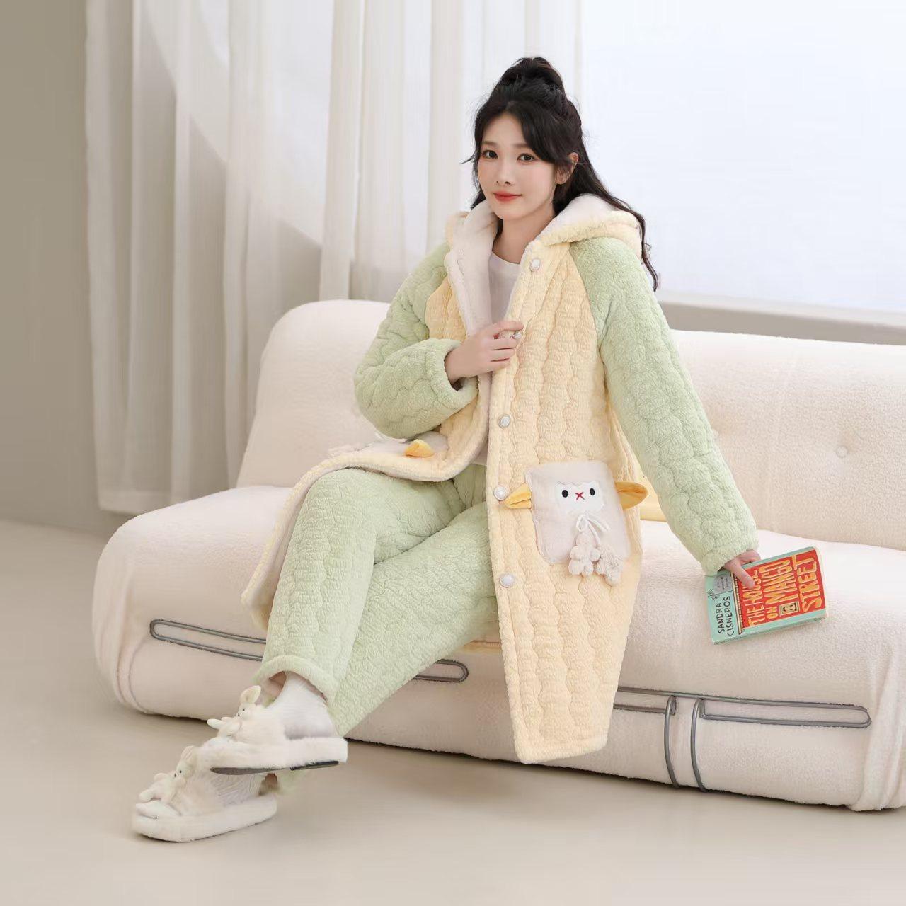 反季特价秋冬三层夹棉睡袍女加厚加绒长款连帽睡衣可爱家居服套装,淘宝优惠券,粉丝福利购,淘宝优惠卷