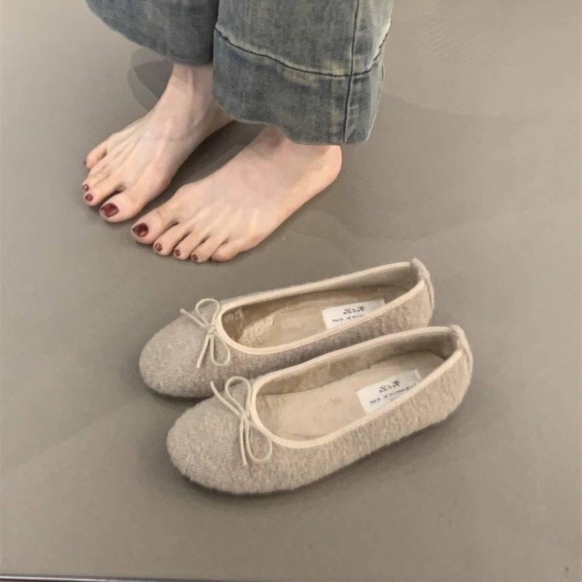 韩版复古温柔仙女风蝴蝶结圆头浅口软底加绒保暖芭蕾毛毛鞋棉鞋,淘宝优惠券,粉丝福利购,淘宝优惠卷