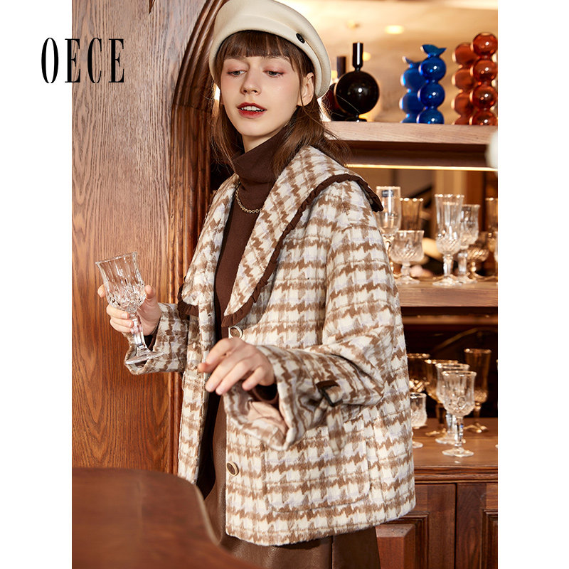 创宙 Oece毛呢外套冬季新款复古格子外套气质呢子呢大衣女