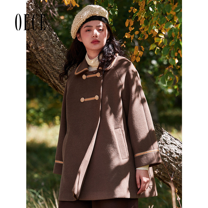 创宙 Oece冬新款女学院文艺复古呢子大衣中长款毛呢外套