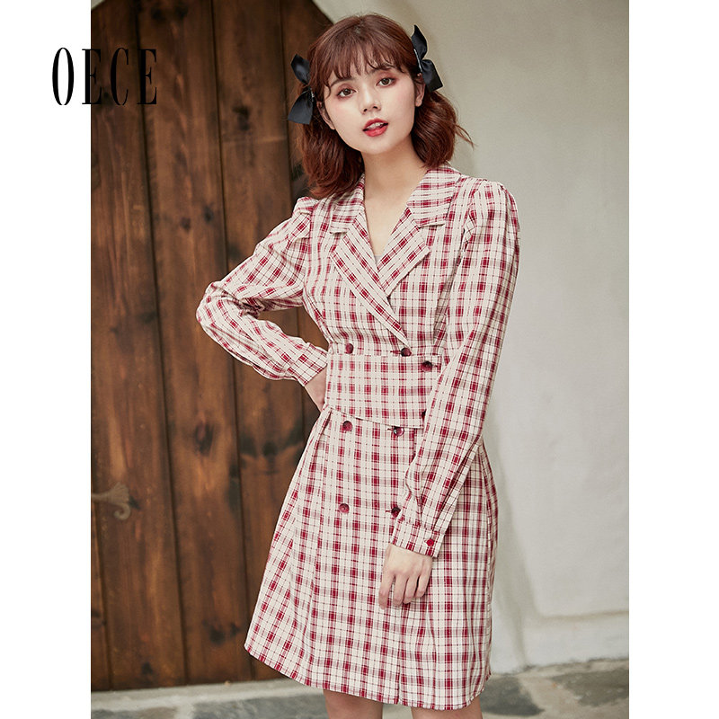 Oece复古格纹连衣裙秋冬季新款女装法式气质收腰长袖裙子春,淘宝优惠券,粉丝福利购,淘宝优惠卷