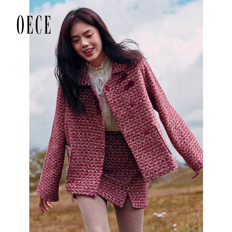 Oece冬装新款女装 复古设计感修身高腰A字毛呢短裙秋冬半身裙 - 图0