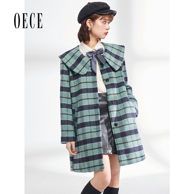 Oece复古格子呢大衣冬装新款女中长款气质毛呢外套大衣