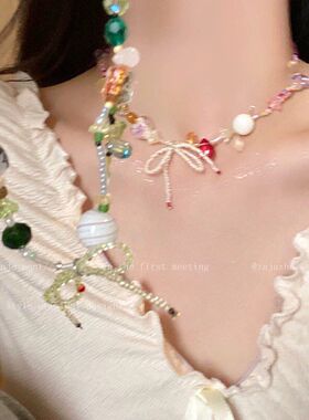 爱心文艺饰品清新锁骨链多巴胺彩色小蝴蝶结项饰圆珠项链轻奢小众