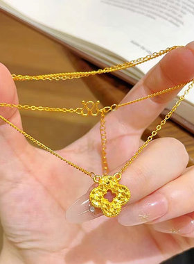 越南沙金十字链项链女CNC淬淬冰四叶草吊坠套链女镀金四叶草项链