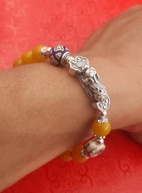 男女925银蜜蜡原创设计复古手链