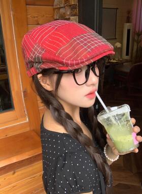 日系复古格纹红色前进帽女夏季薄款显脸小画家帽子文艺百搭贝雷帽
