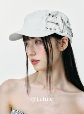 复古街头辣妹风平顶帽子女夏报童帽显脸小个性铆钉拉链重工鸭舌帽