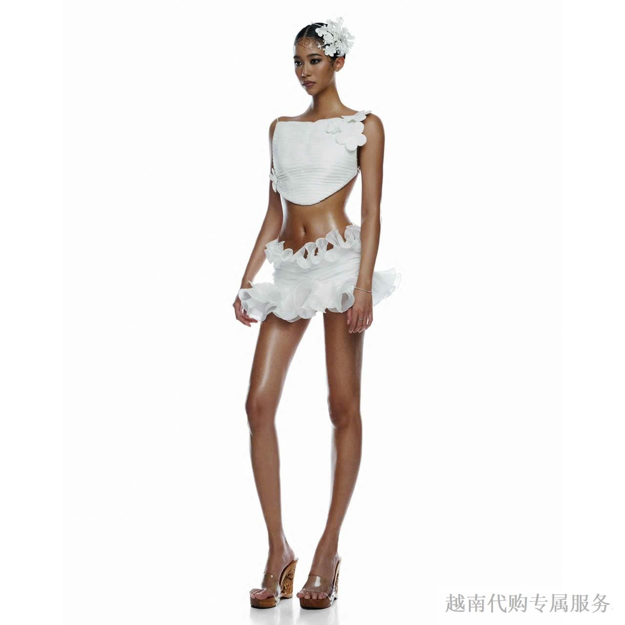 越十年越南小众ibiboss新款纯欲风花朵露背上衣性感半身短裙套装 - 图0