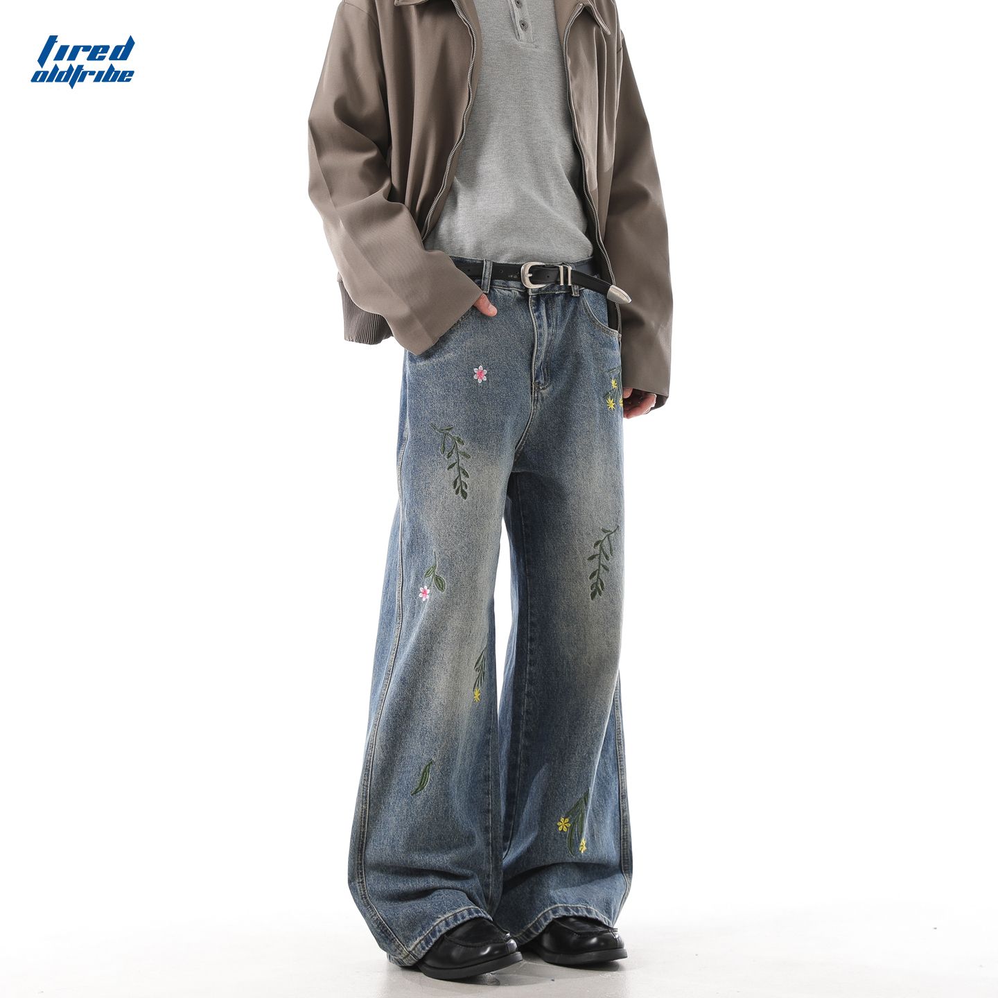 TIRED美式复古花卉刺绣牛仔裤街头直筒裤宽松阔腿裤百搭休闲长裤 - 图0