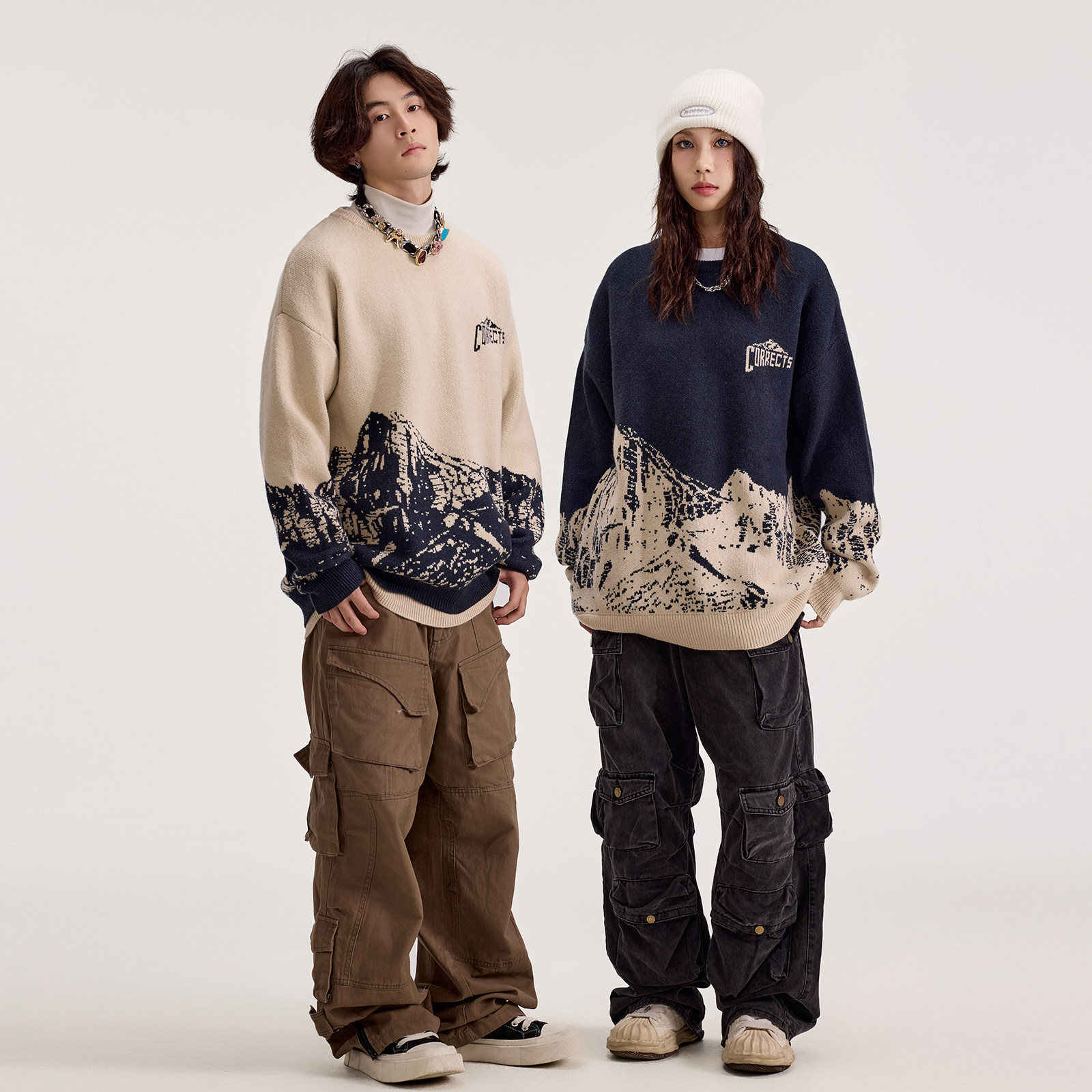 TIRED美式潮牌复古雪山提花圆领毛衣男女秋冬情侣针织衫套头上衣,淘宝优惠券,粉丝福利购,淘宝优惠卷