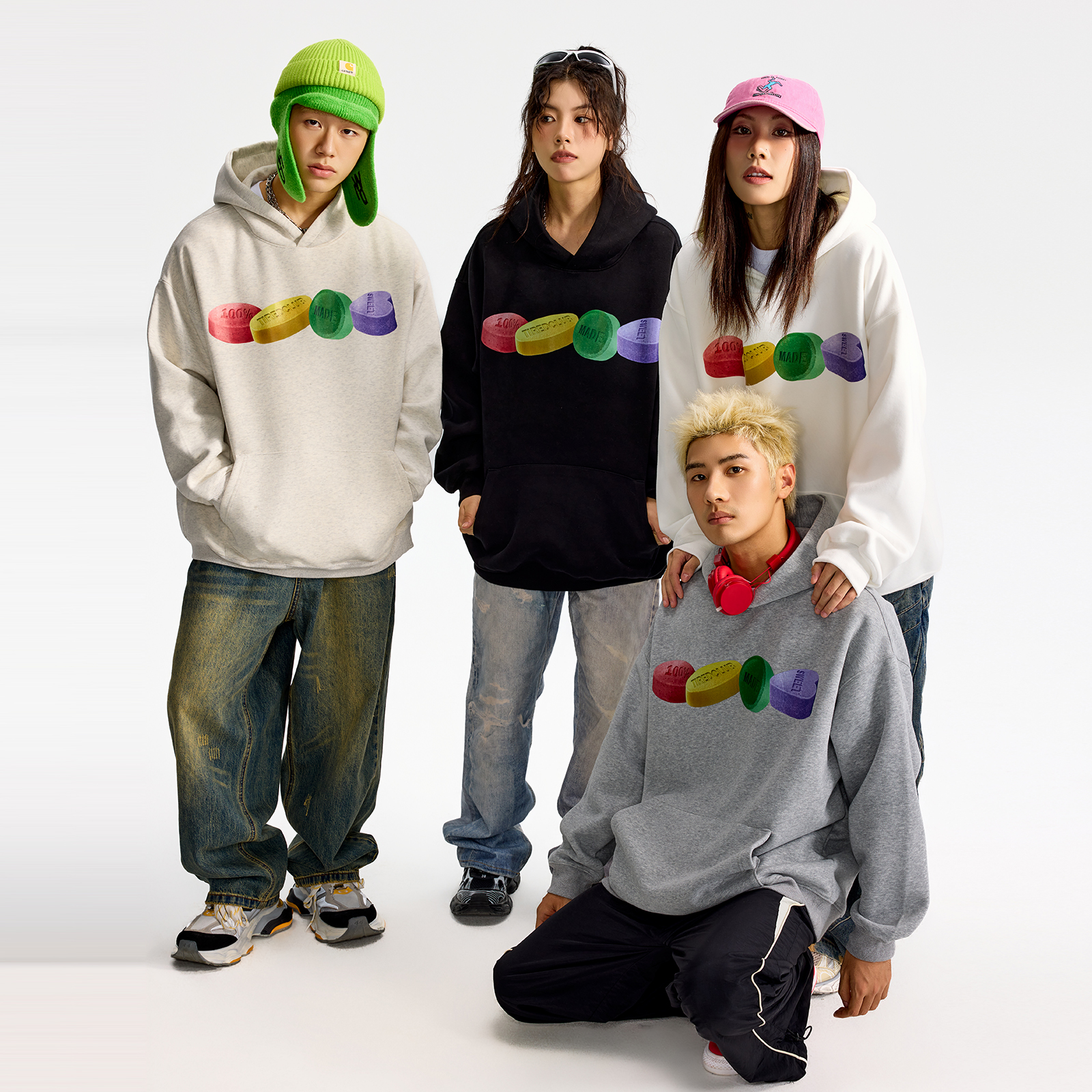 「彩色药丸」TIRED美式连帽卫衣春秋新款情侣学院风套头衫上衣潮 - 图3